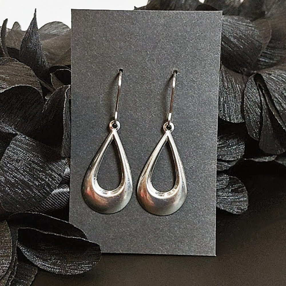 Dark Silver Plated and Stainless Steel Gunmetal Open Teardrop Dangle Earrings